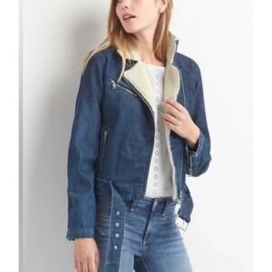 Gap 1969 Denim Biker Jacket Faux Shearling Sherpa Collar Moto Blue XL Tall